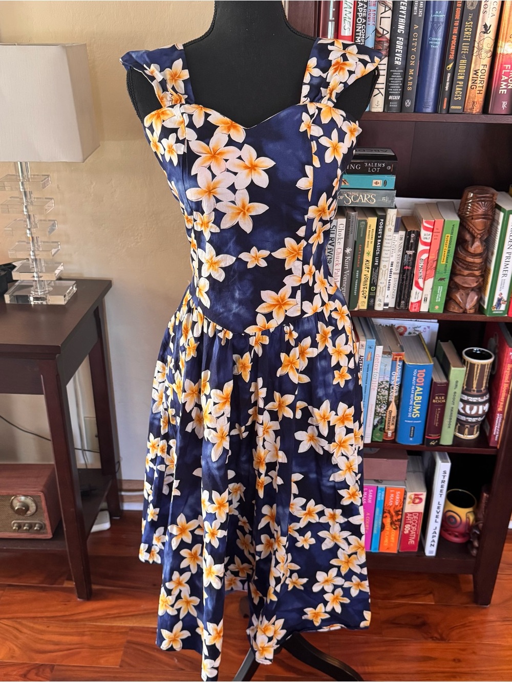 Royal Creations Made in Hawaii Blue Plumeria Floral Midi Dress L Retro Pin Up